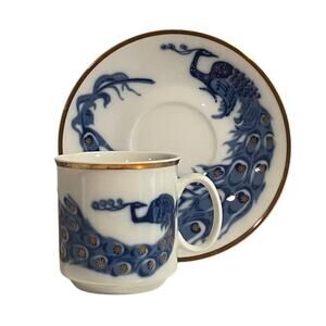 Vintage Josefina Loučky Czechoslovakia Blue Gold Peacock Teacup & Saucer